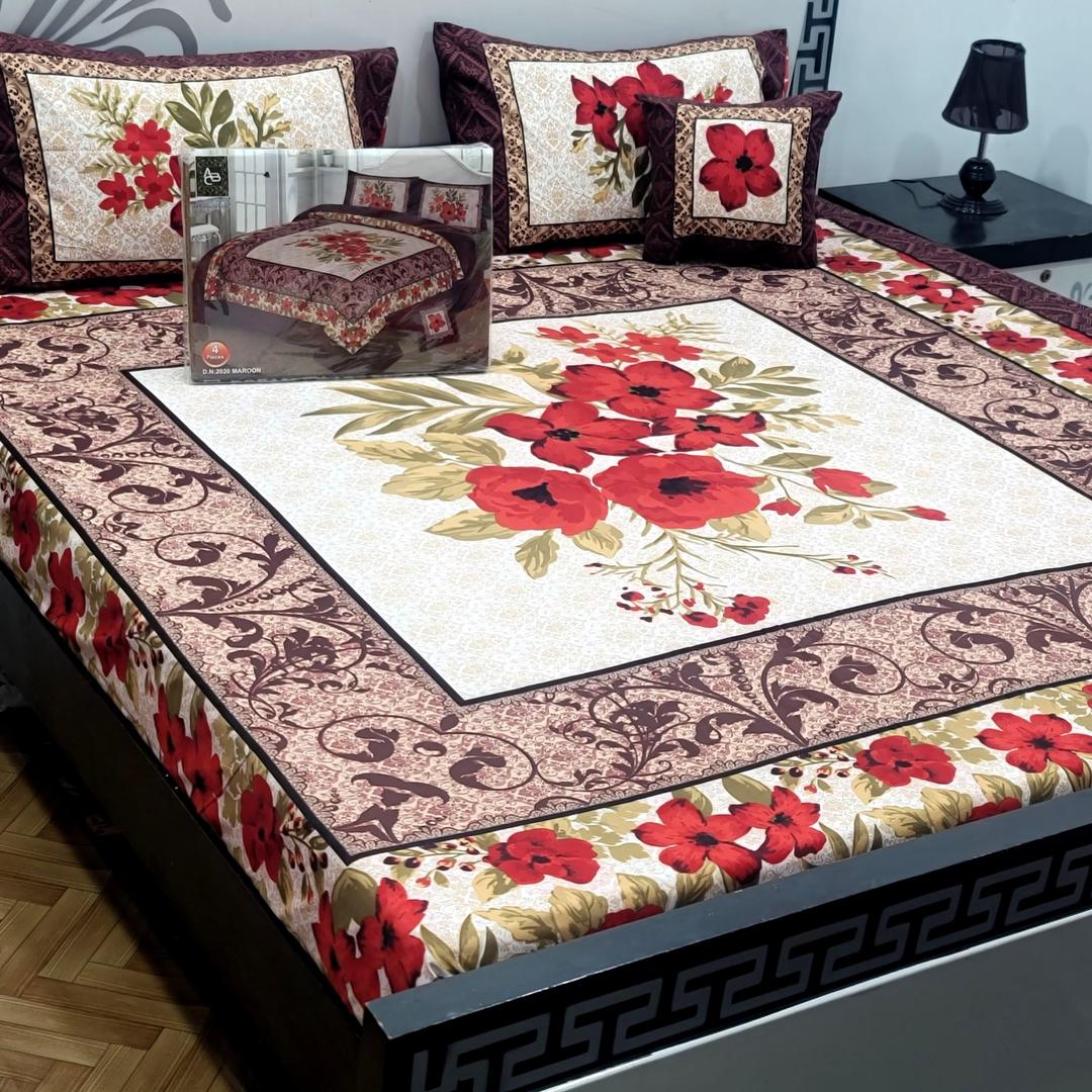 4 Pcs Crystal Cotton Printed Double Bedsheet