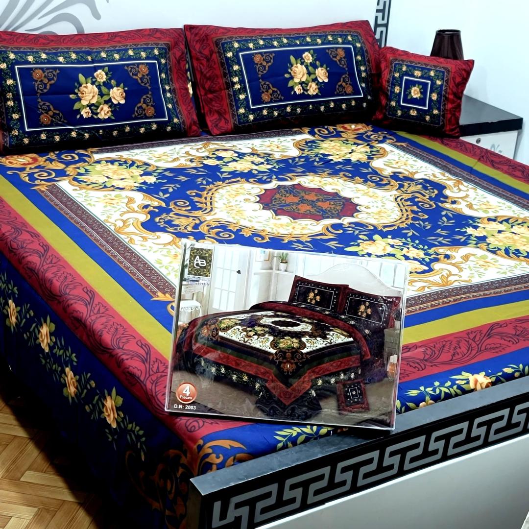 4 Pcs Crystal Cotton Printed Double Bedsheet
