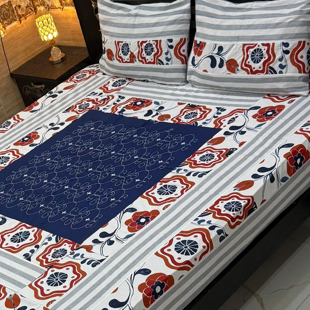 Stylish 3 Pcs Cotton Sotton Patchwork Double Bedsheet