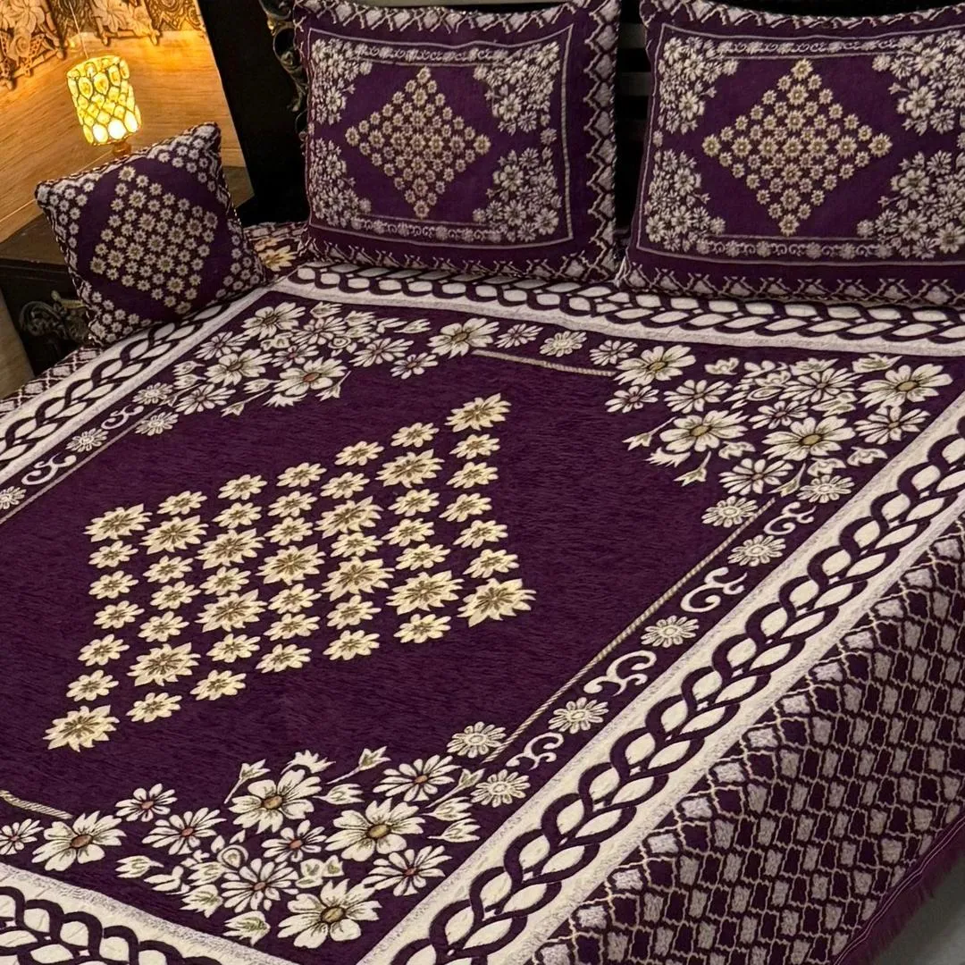 Vibrant 4 Pcs Velvet Jacquard Embroidered Double Bedsheet