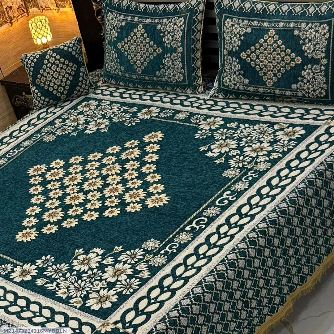 Turquoise Velvet Jacquard 4 Pcs Bed Sheet Set