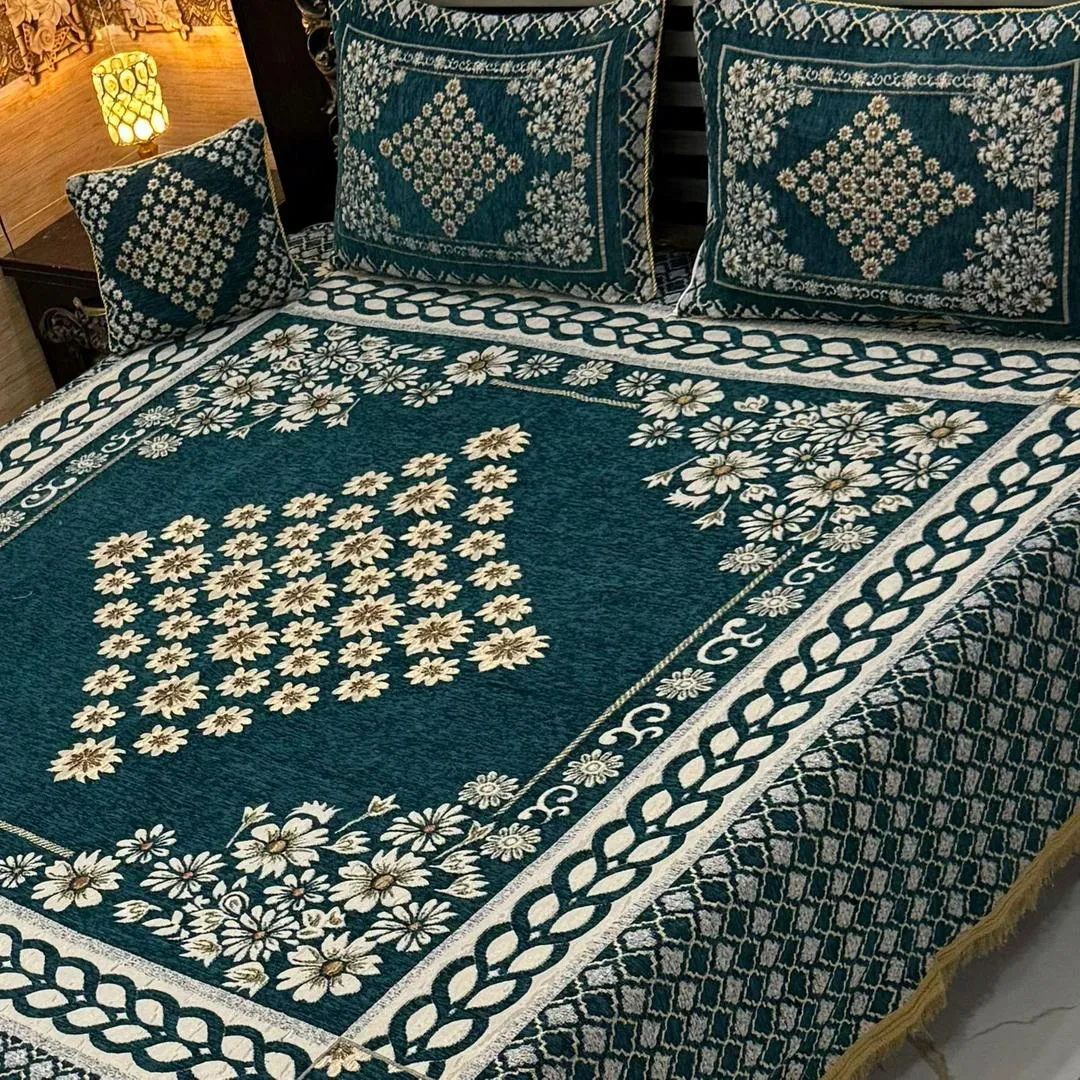 Vibrant 4 Pcs Velvet Jacquard Embroidered Double Bedsheet