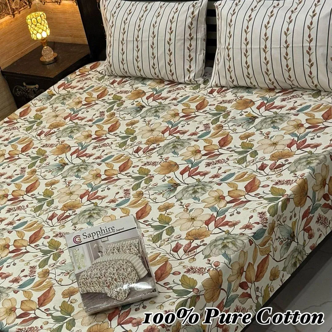 Vibrant 3 Pcs Pure Cotton Printed Double Bedsheet