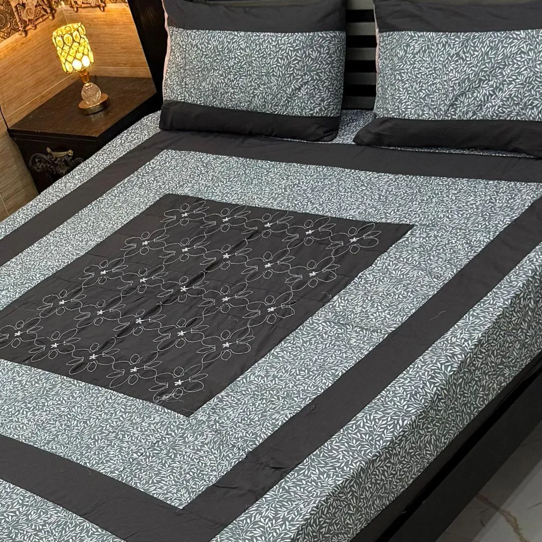 3 Pcs Cotton Sotton Embroidered Patchwork Double Bedsheet