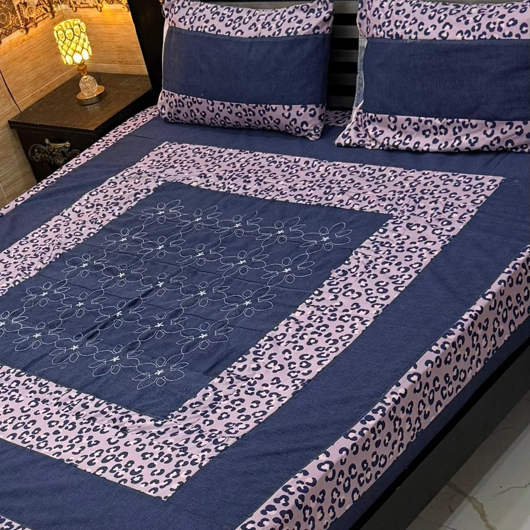 3 Pcs Cotton Sotton Embroidered Patchwork Double Bedsheet