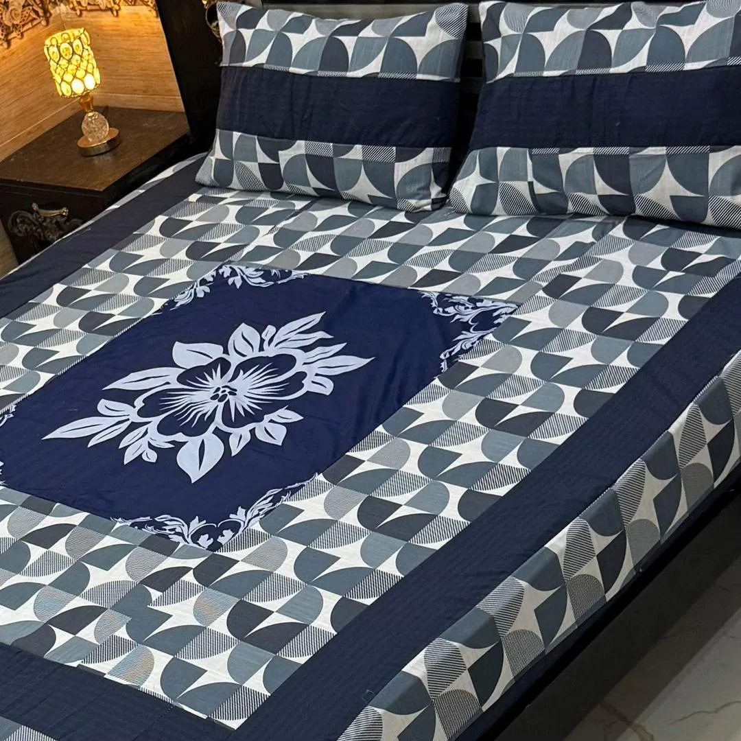 Stylish 3 Pcs Cotton Sotton Digital Gold Panel Patchwork Double Bedsheet