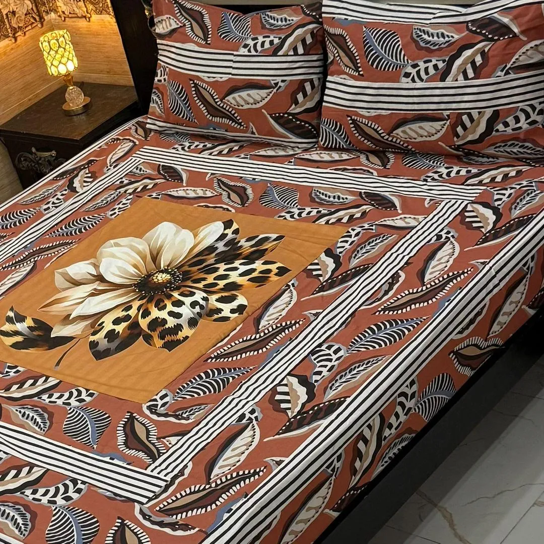 Stylish 3 Pcs Cotton Sotton Digital Gold Panel Patchwork Double Bedsheet