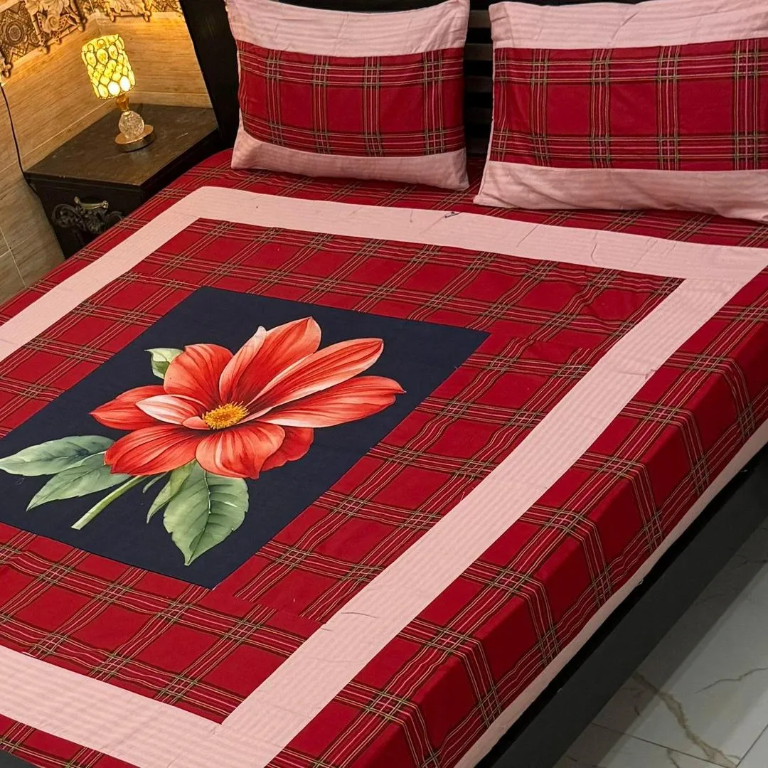 Stylish 3 Pcs Cotton Sotton Digital Gold Panel Patchwork Double Bedsheet