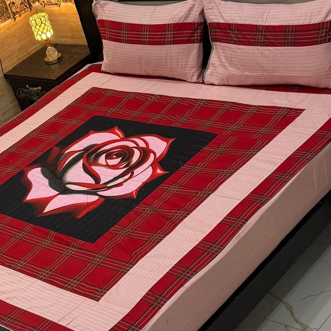 Stylish 3 Pcs Cotton Sotton Digital Gold Panel Patchwork Double Bedsheet