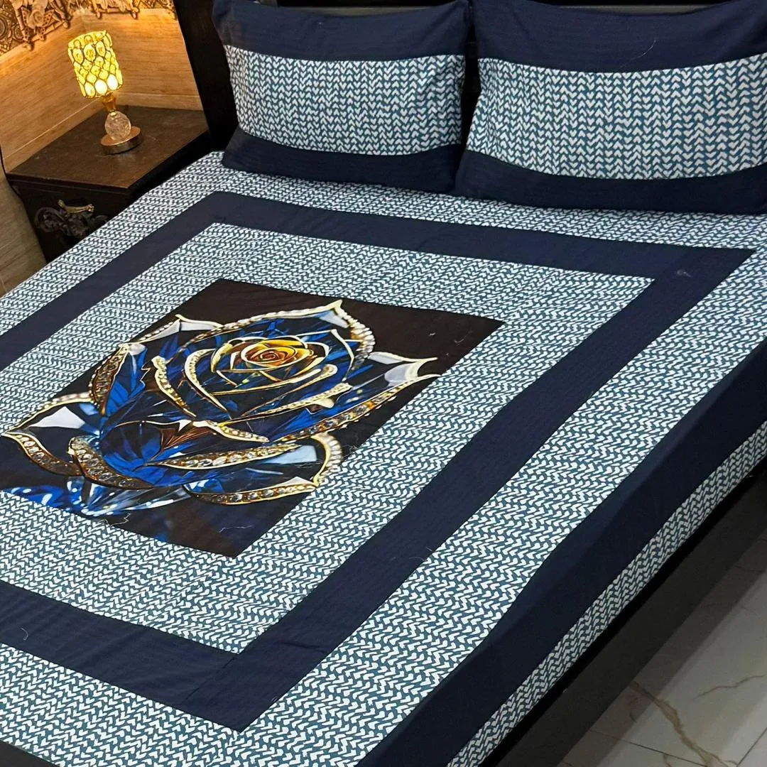 Stylish 3 Pcs Cotton Sotton Digital Gold Panel Patchwork Double Bedsheet