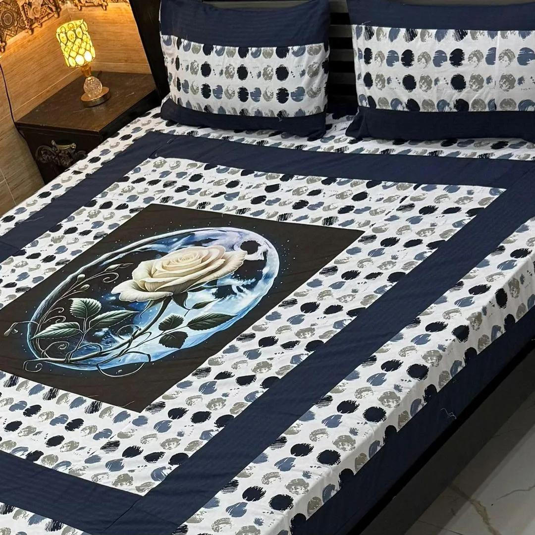 Stylish 3 Pcs Cotton Sotton Digital Gold Panel Patchwork Double Bedsheet