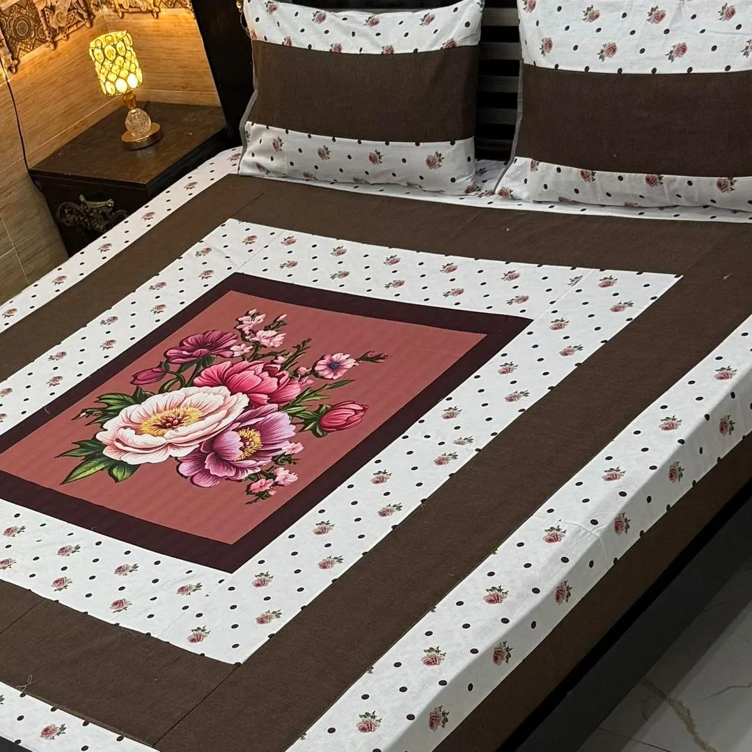 Stylish 3 Pcs Cotton Sotton Digital Gold Panel Patchwork Double Bedsheet