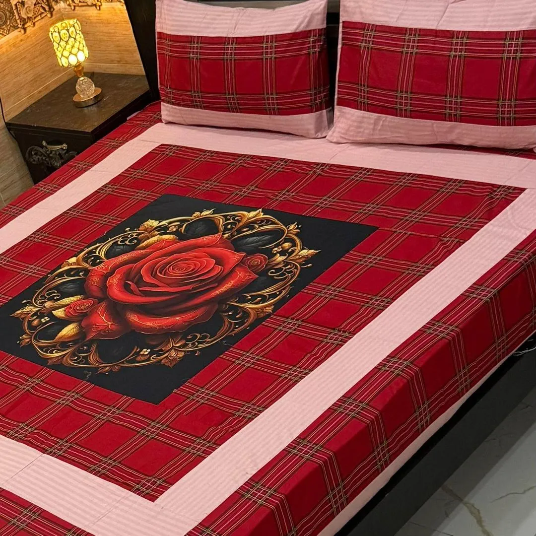 Stylish 3 Pcs Cotton Sotton Digital Gold Panel Patchwork Double Bedsheet