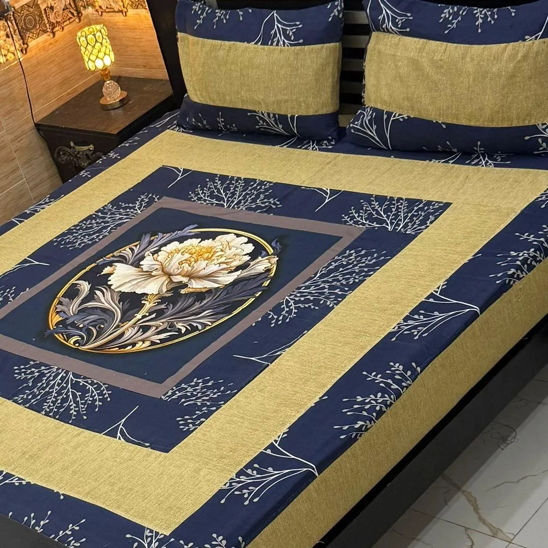Stylish 3 Pcs Cotton Sotton Digital Gold Panel Patchwork Double Bedsheet