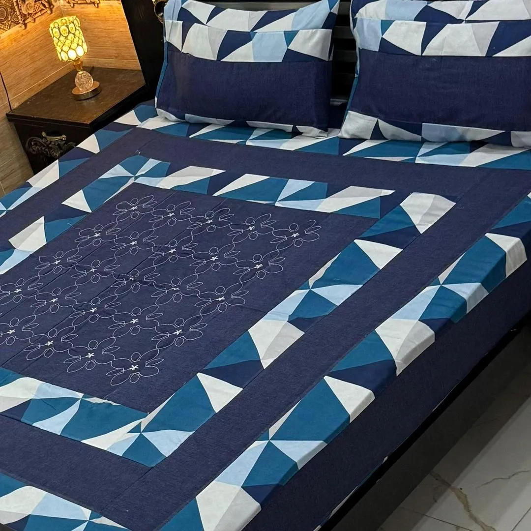Stylish 3 Pcs Cotton Sotton Embroidered Patchwork Double Bedsheet