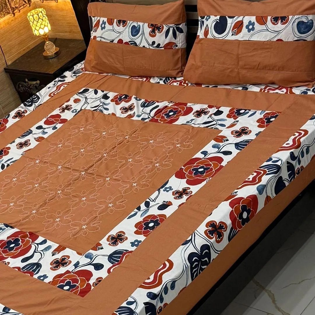 Stylish 3 Pcs Cotton Sotton Embroidered Patchwork Double Bedsheet