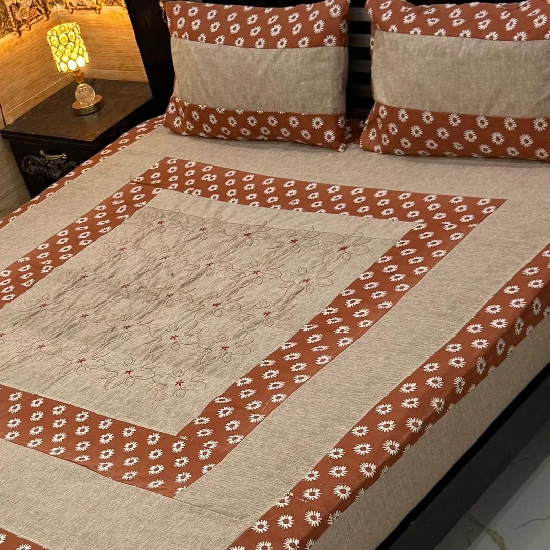 Stylish 3 Pcs Cotton Sotton Embroidered Patchwork Double Bedsheet