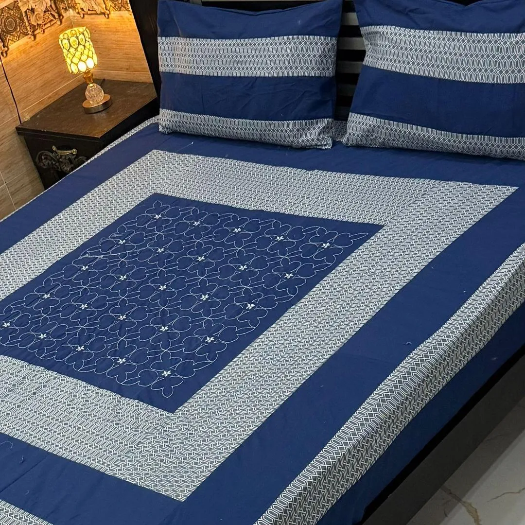 Stylish 3 Pcs Cotton Sotton Embroidered Patchwork Double Bedsheet