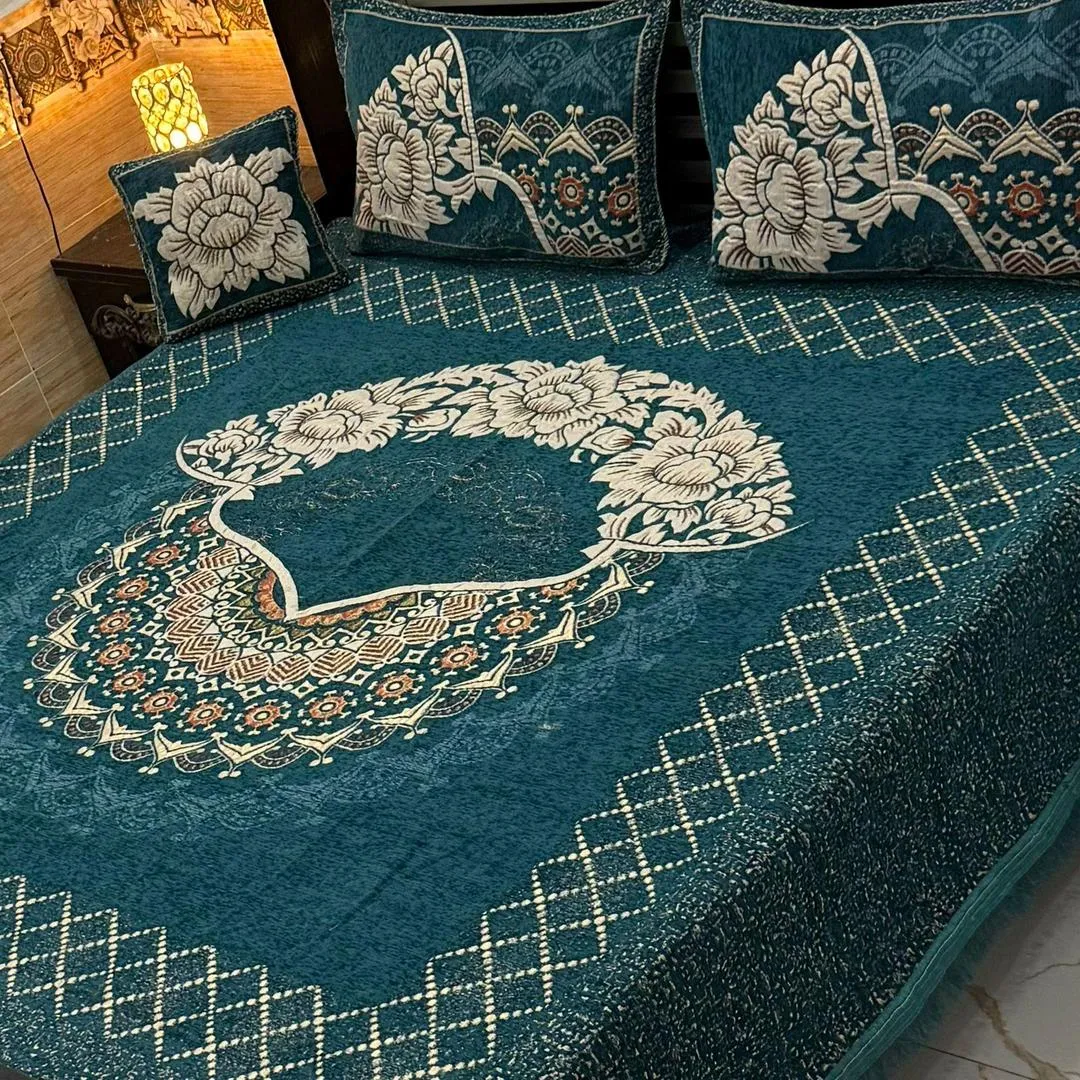 Cozy 4 Pcs Velvet Jacquard Embroidered Double Bedsheet