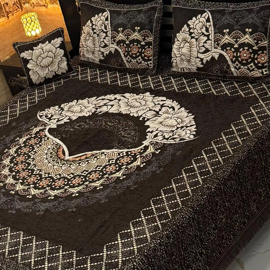 Cozy 4 Pcs Velvet Jacquard Embroidered Double Bedsheet
