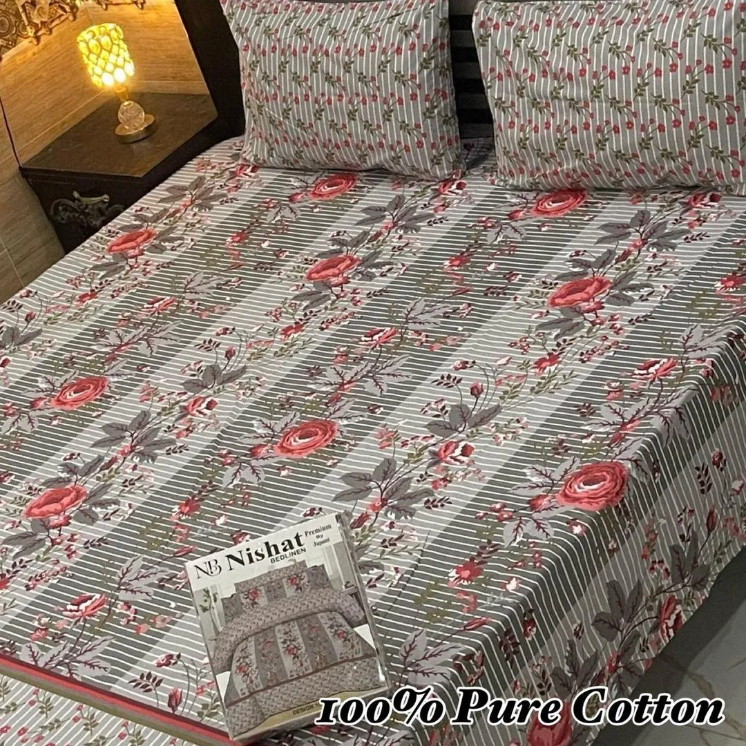 Vibrant 3 Pcs Pure Cotton Printed Double Bedsheet