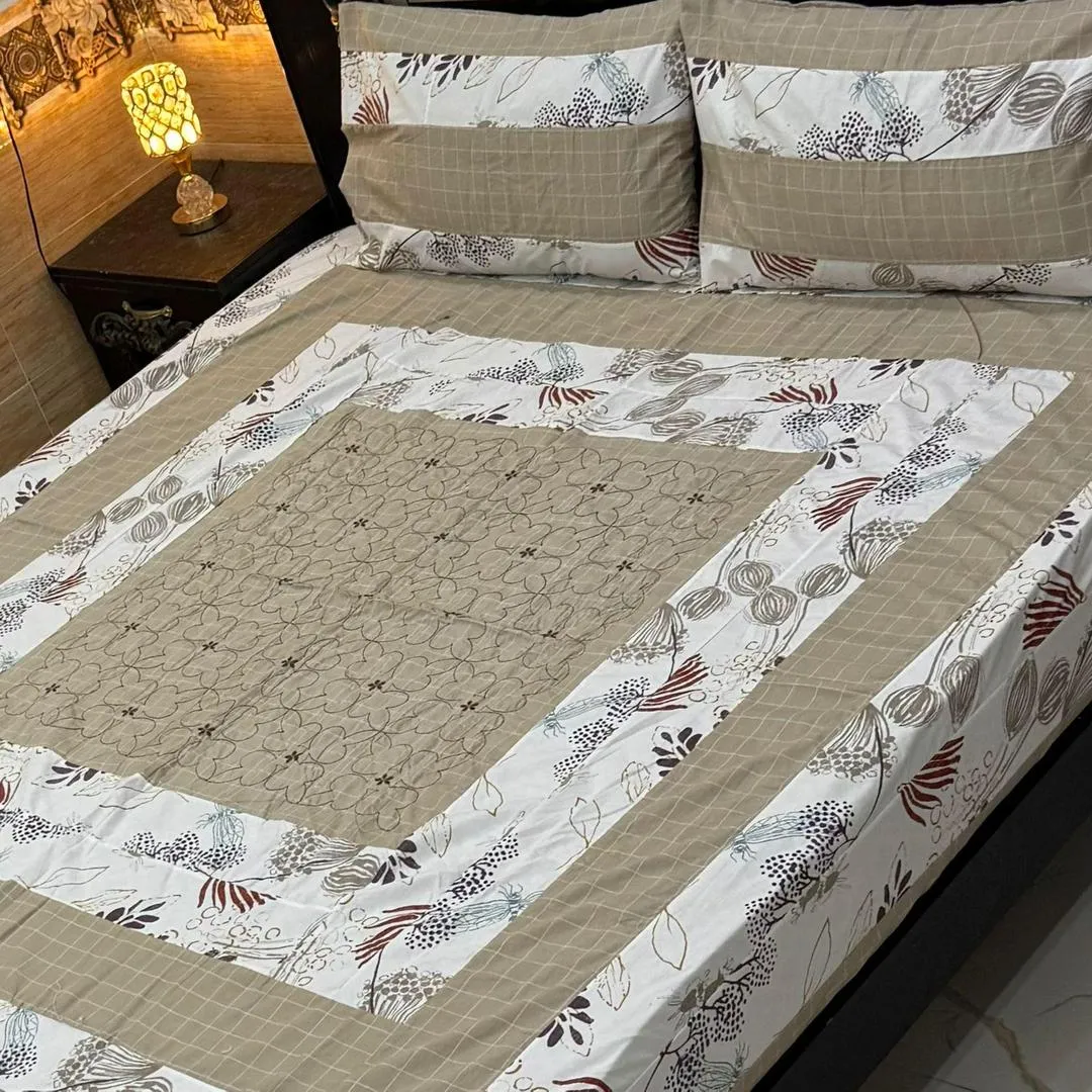 Stylish 3 Pcs Cotton Sotton Embroidered Patchwork Double Bedsheet