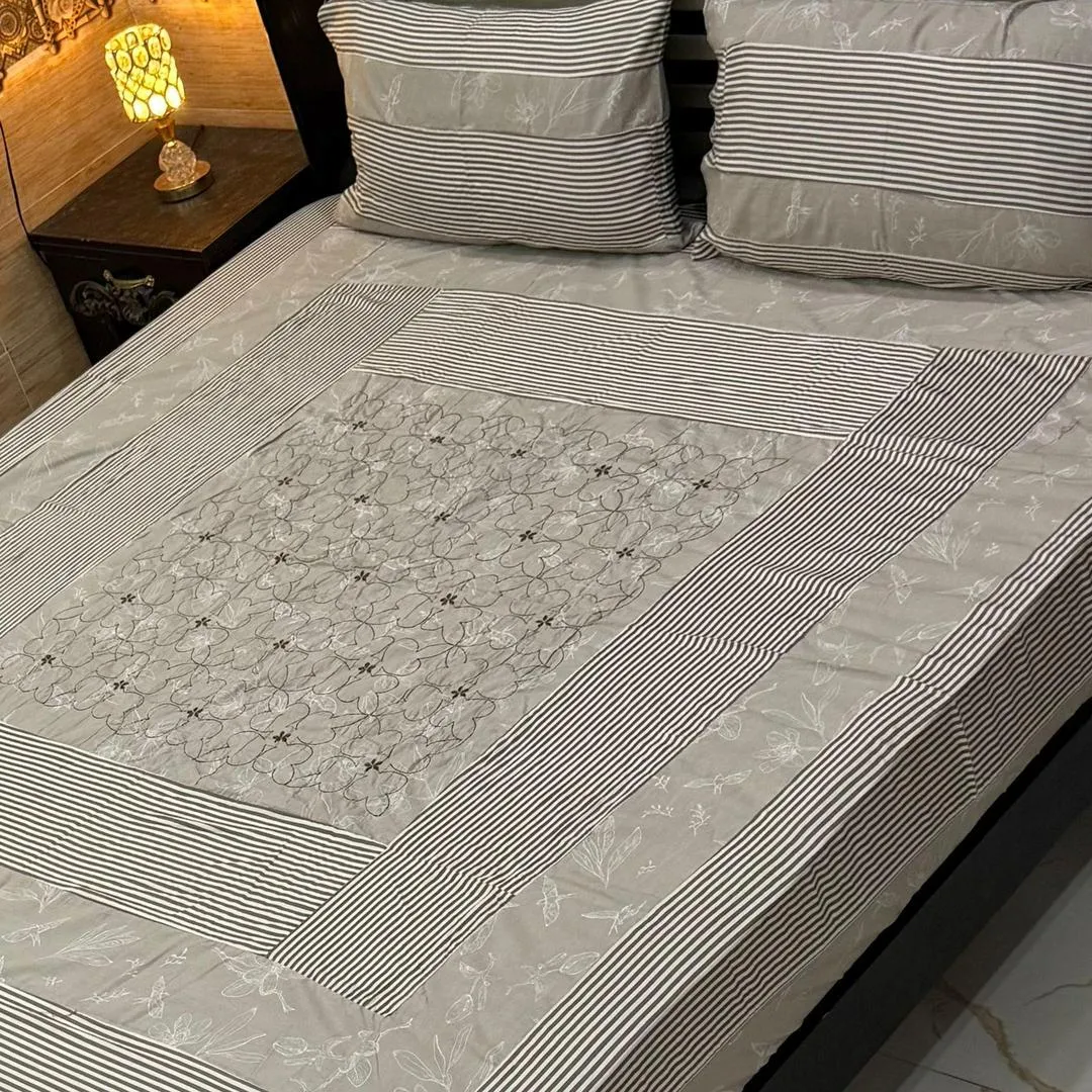 Stylish 3 Pcs Cotton Sotton Embroidered Patchwork Double Bedsheet