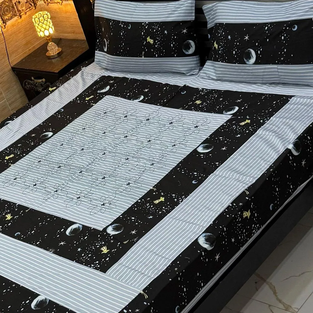 Stylish 3 Pcs Cotton Sotton Embroidered Patchwork Double Bedsheet