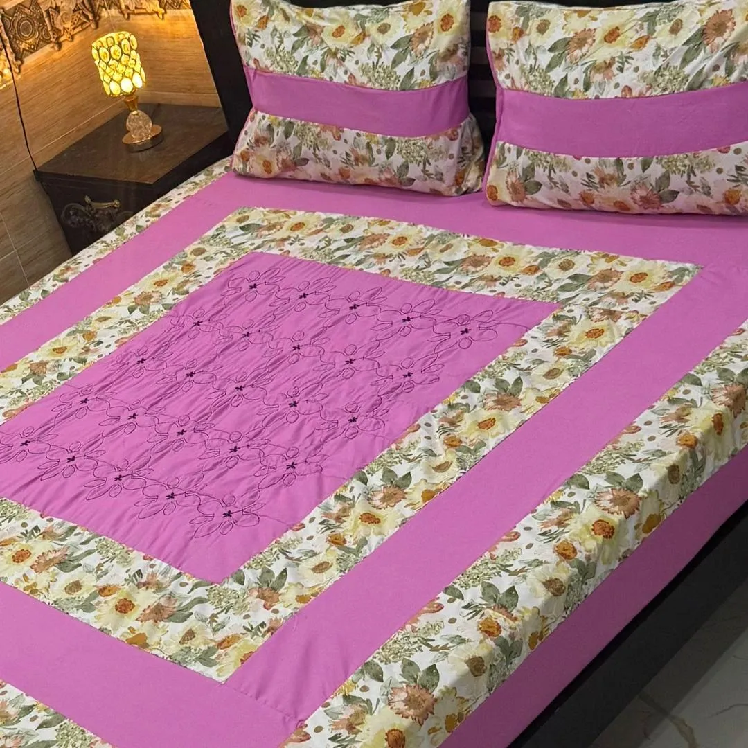 Stylish 3 Pcs Cotton Sotton Embroidered Patchwork Double Bedsheet
