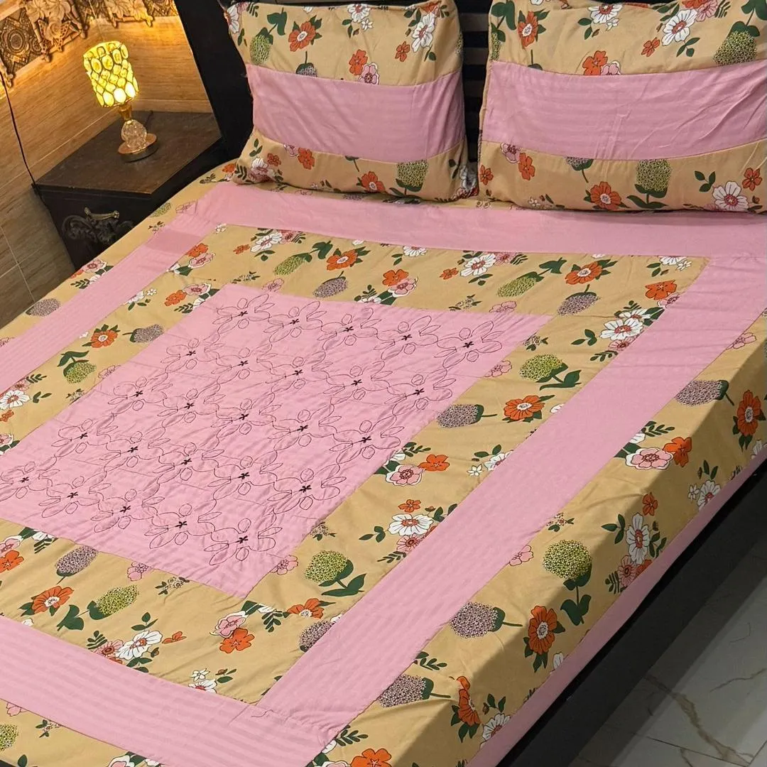 Stylish 3 Pcs Cotton Sotton Embroidered Patchwork Double Bedsheet