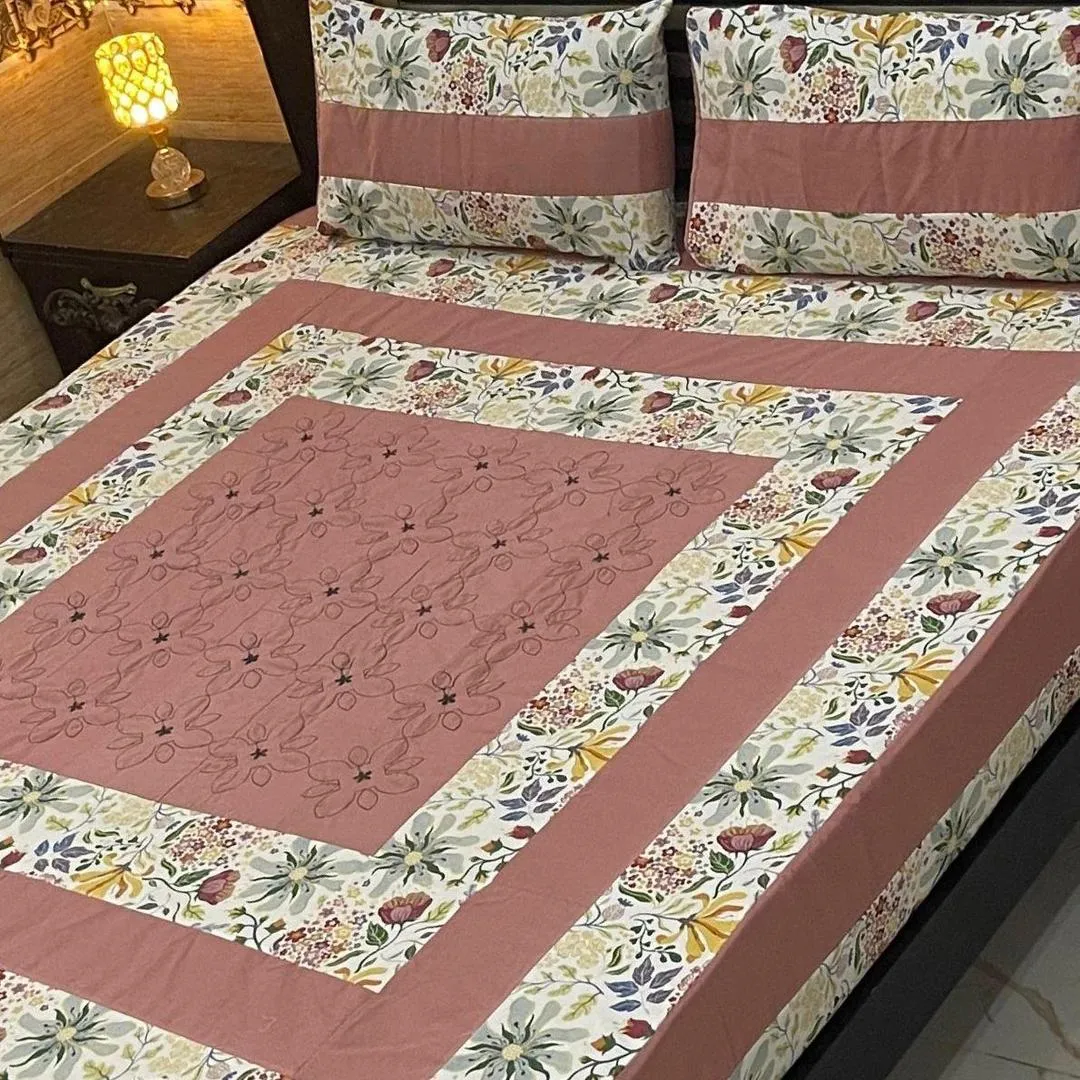Stylish 3 Pcs Cotton Sotton Embroidered Patchwork Double Bedsheet