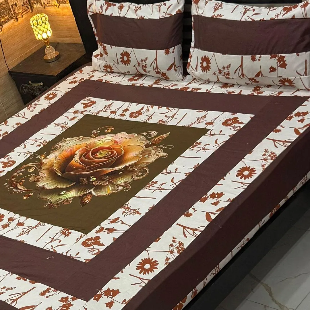 Vibrant 3 Pcs Cotton Sotton Digital Gold Panel Patchwork Double Bedsheet