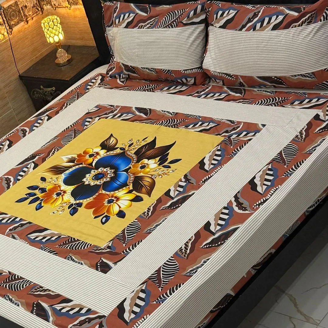 Vibrant 3 Pcs Cotton Sotton Digital Gold Panel Patchwork Double Bedsheet