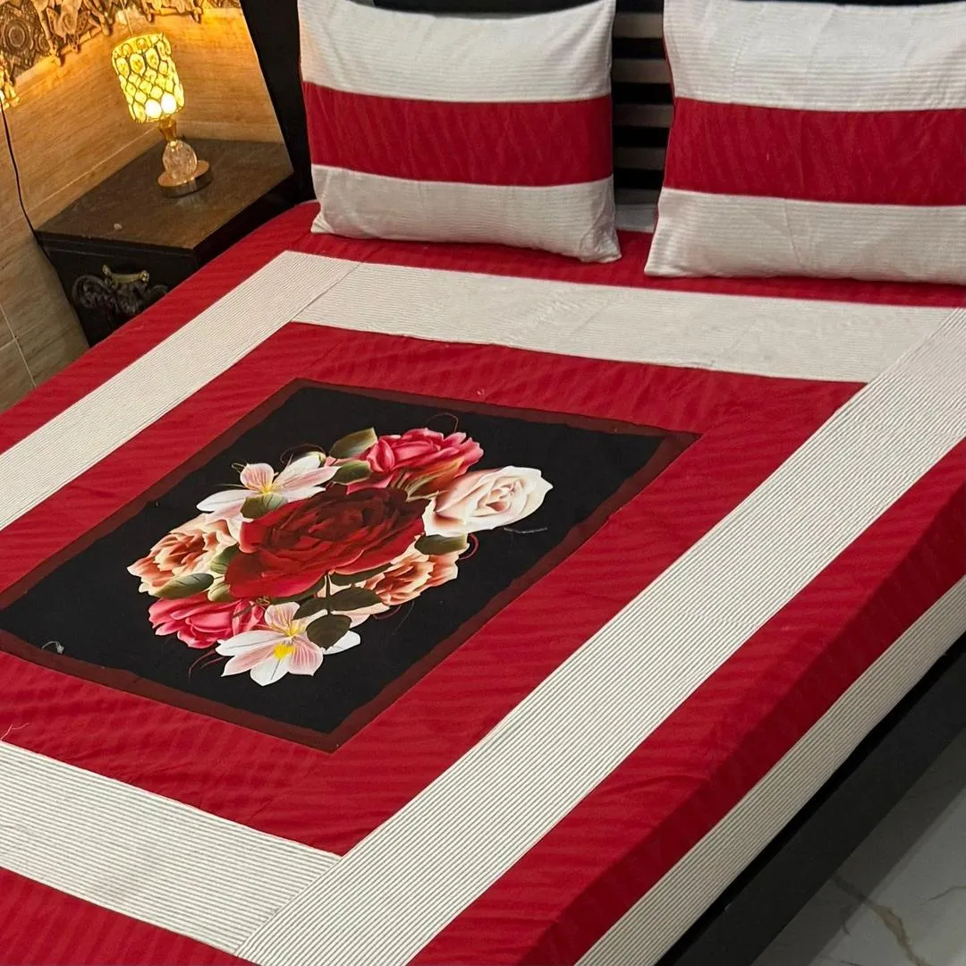 Stylish 3 Pcs Cotton Sotton Digital Gold Panel Patchwork Double Bedsheet