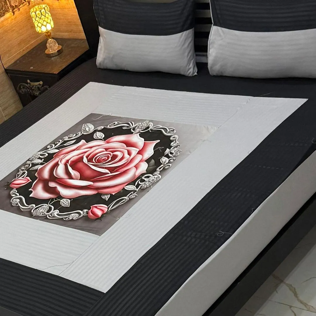 Stylish 3 Pcs Cotton Sotton Digital Gold Panel Patchwork Double Bedsheet