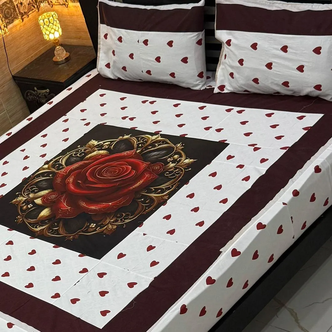 Stylish 3 Pcs Cotton Sotton Digital Gold Panel Patchwork Double Bedsheet