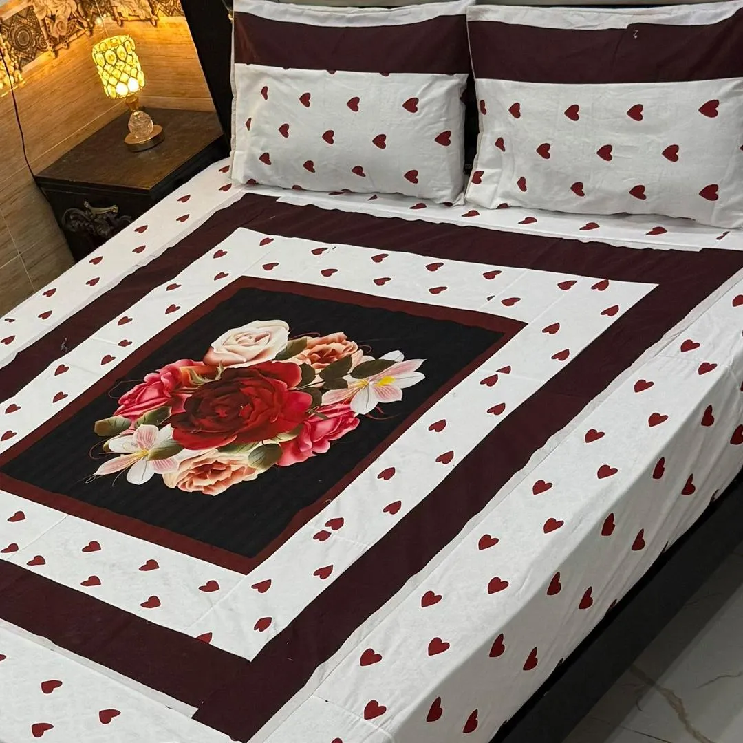 Stylish 3 Pcs Cotton Sotton Digital Gold Panel Patchwork Double Bedsheet