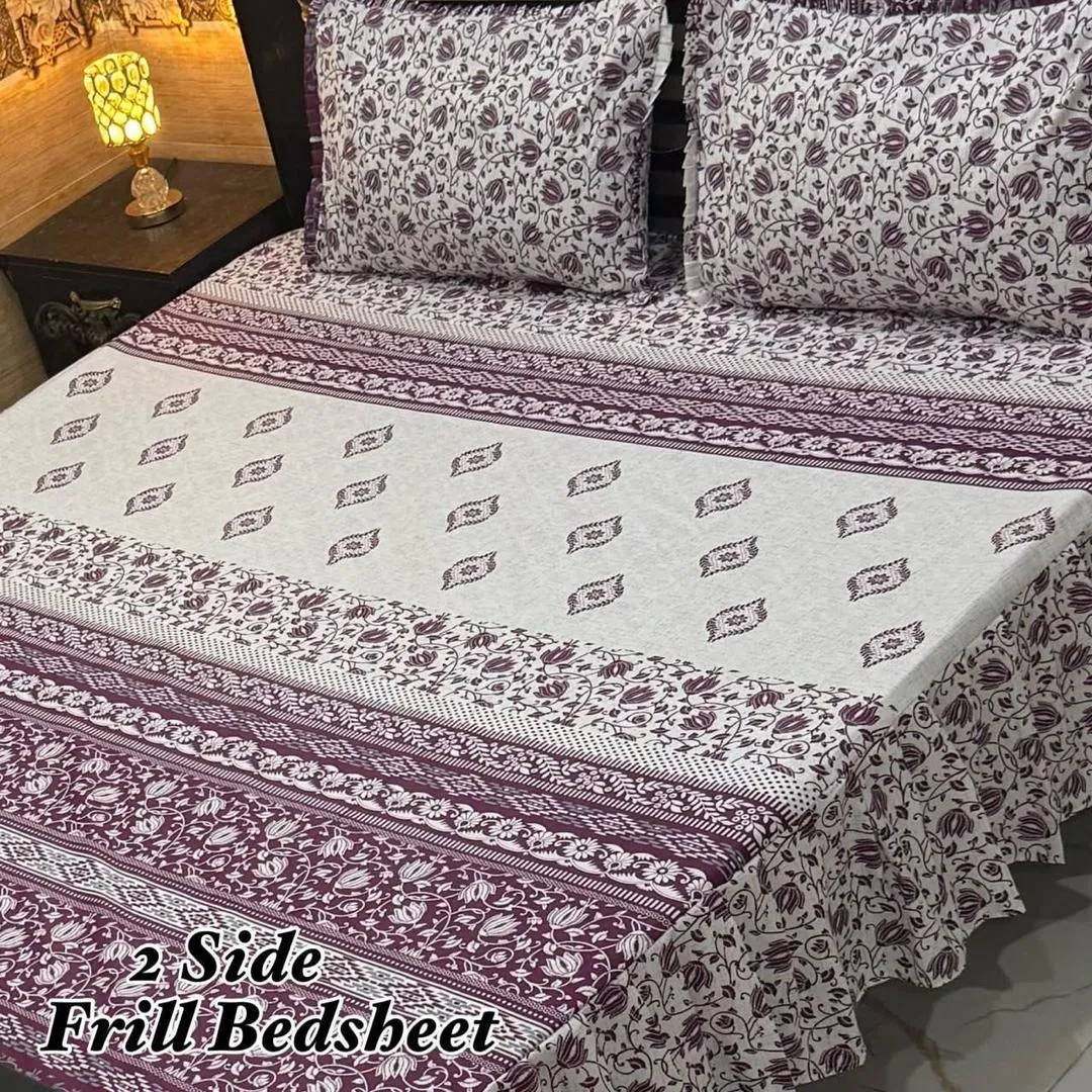 Stylish 3 Pcs Cotton Salonica Frill Double Bedsheet