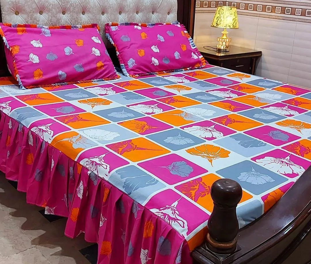 Stylish 3 Pcs Cotton Salonica Frill Double Bedsheet