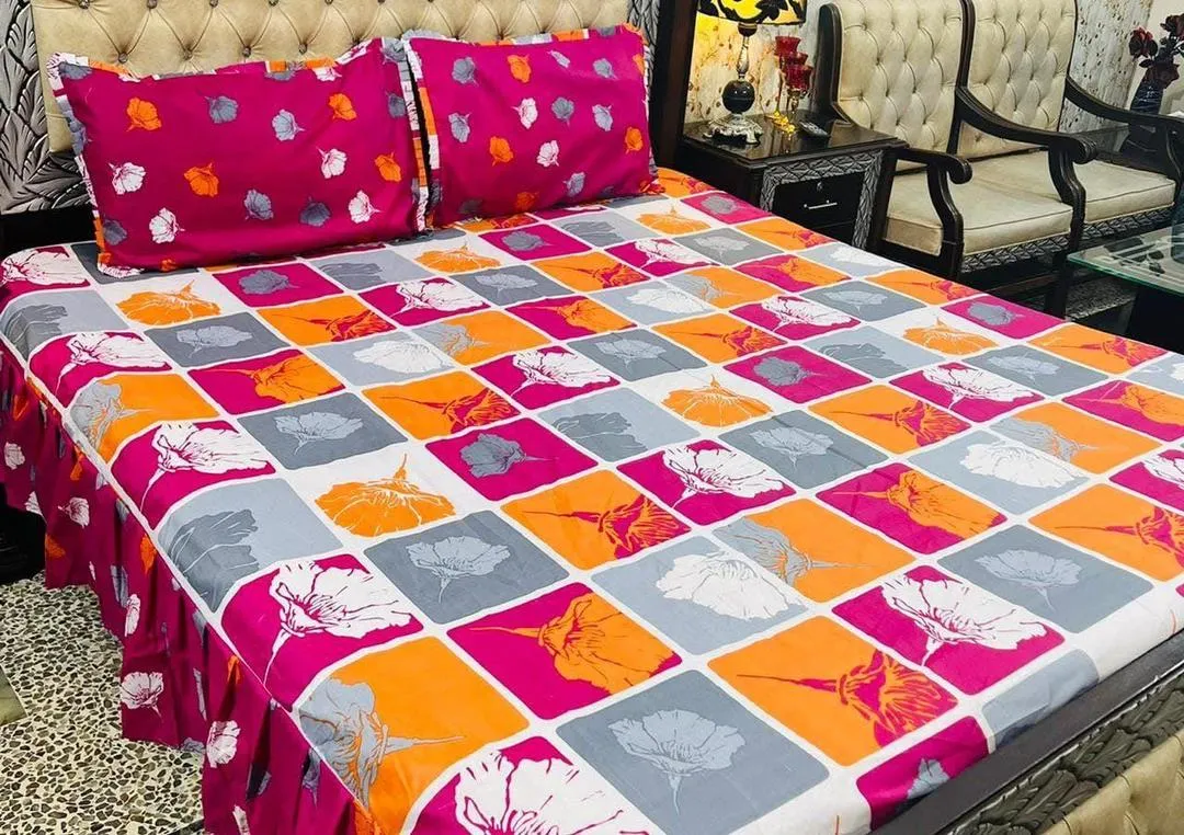 Stylish 3 Pcs Cotton Salonica Frill Double Bedsheet
