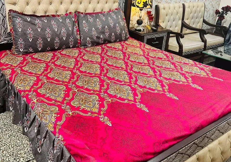 Stylish 3 Pcs Cotton Salonica Frill Double Bedsheet