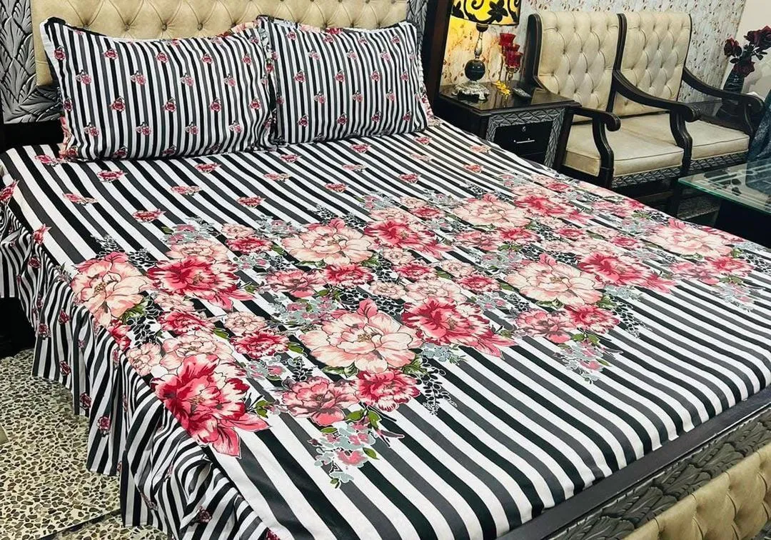 Stylish 3 Pcs Cotton Salonica Frill Double Bedsheet