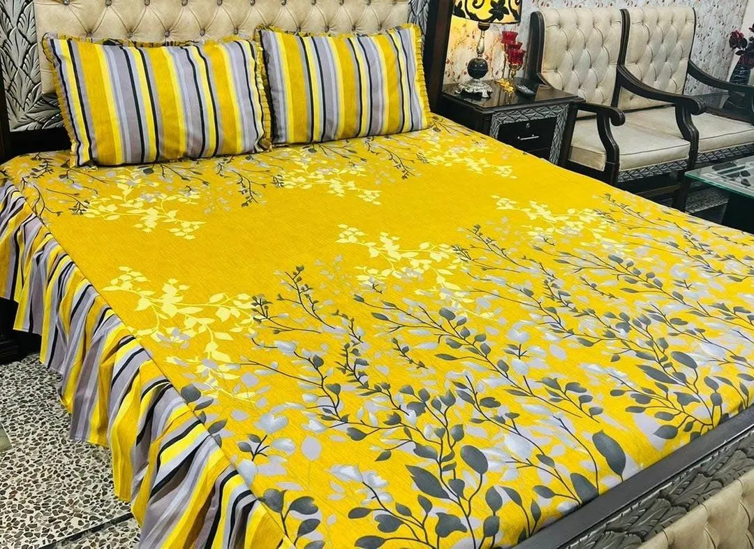 Stylish 3 Pcs Cotton Salonica Frill Double Bedsheet