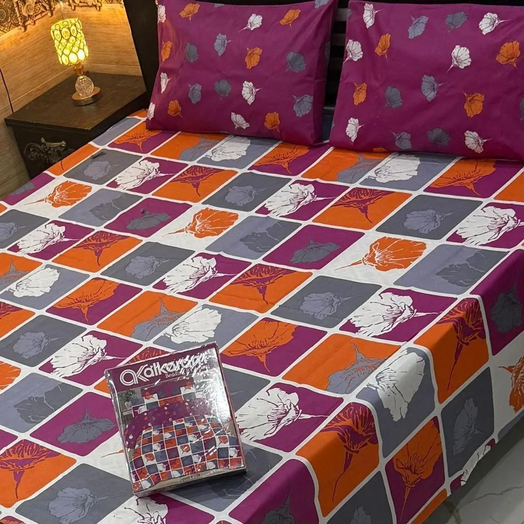 Stylish 3 Pcs Cotton Salonica Printed Double Bedsheet