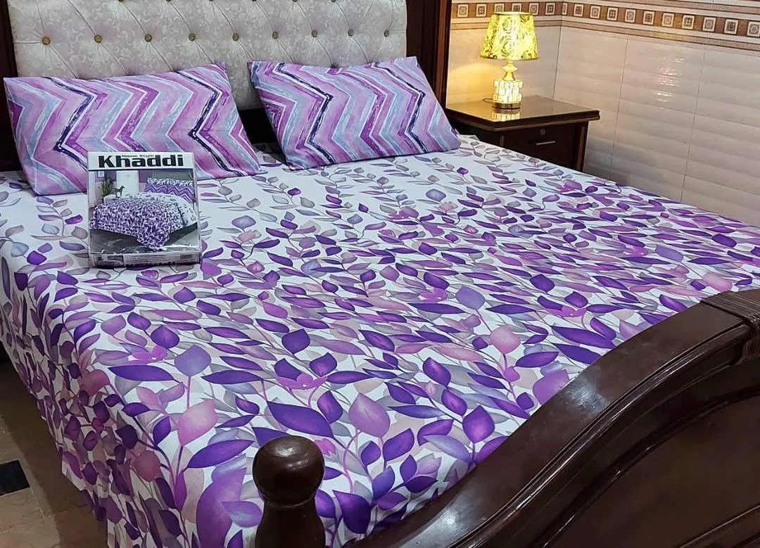 Stylish 3 Pcs Cotton Salonica Printed Double Bedsheet