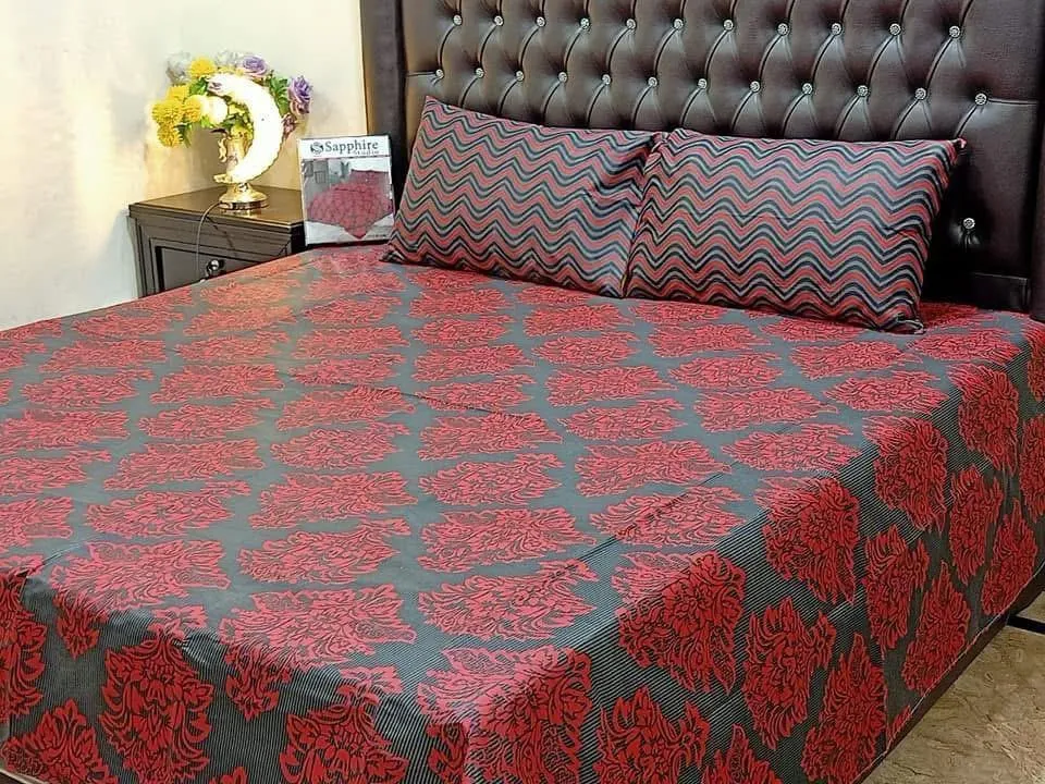 Stylish 3 Pcs Cotton Salonica Printed Double Bedsheet