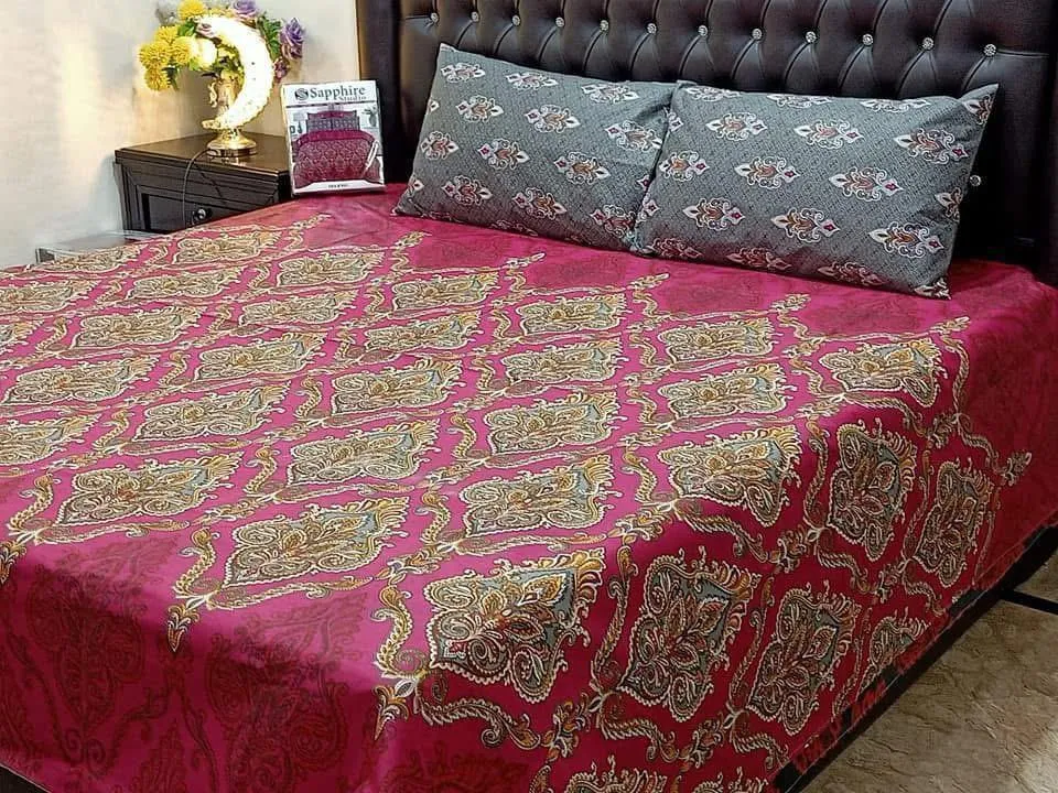 Stylish 3 Pcs Cotton Salonica Printed Double Bedsheet