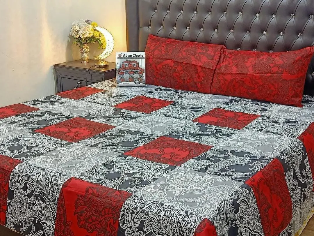 Stylish 3 Pcs Cotton Salonica Printed Double Bedsheet