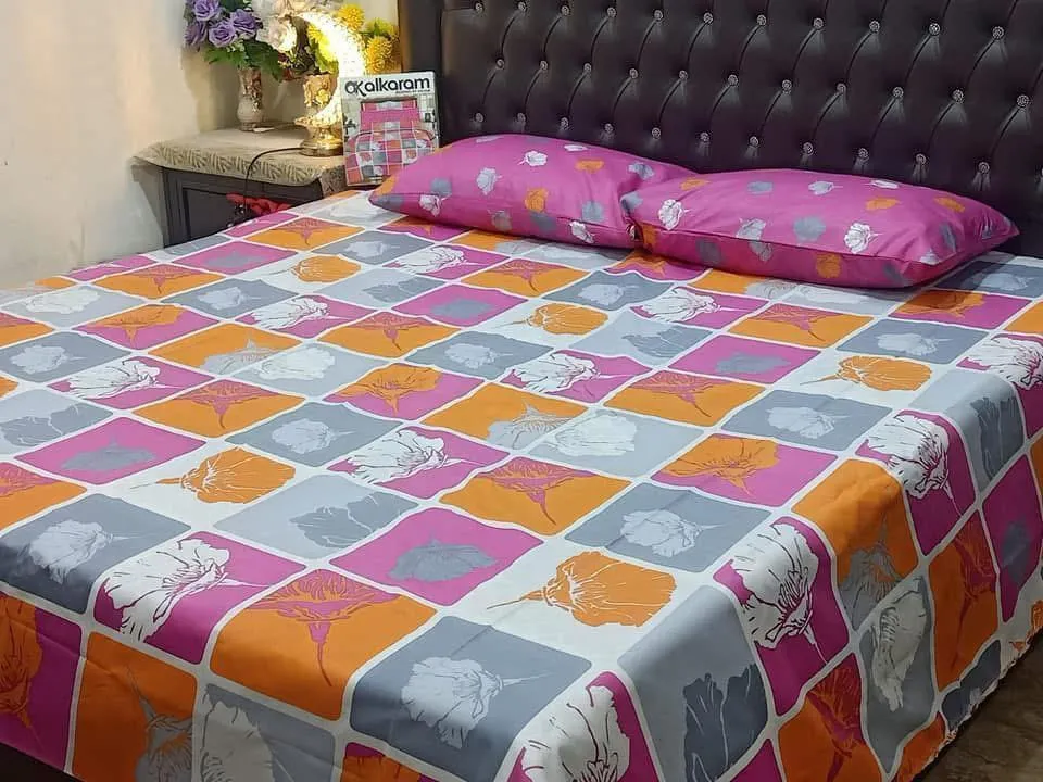 Stylish 3 Pcs Cotton Salonica Printed Double Bedsheet