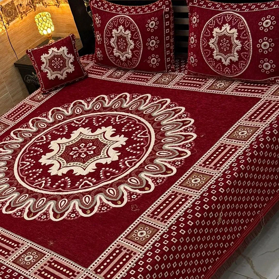 Vibrant 4 Pcs Velvet Jacquard Embroidered Double Bedsheet